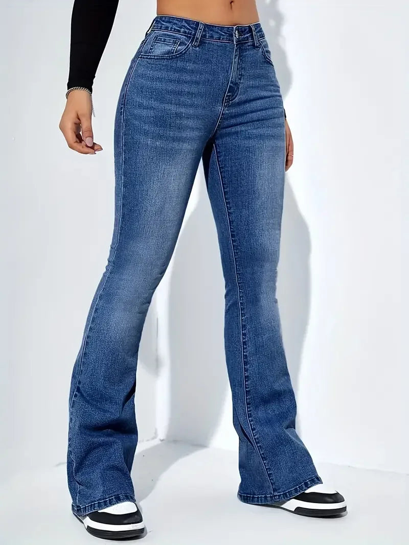 Women’s Flare Stretch Moustache Jeans – High‑Waist Gray Skinny Bell‑Bottom Denim Pants, Classic Y2K Punk Long Trousers