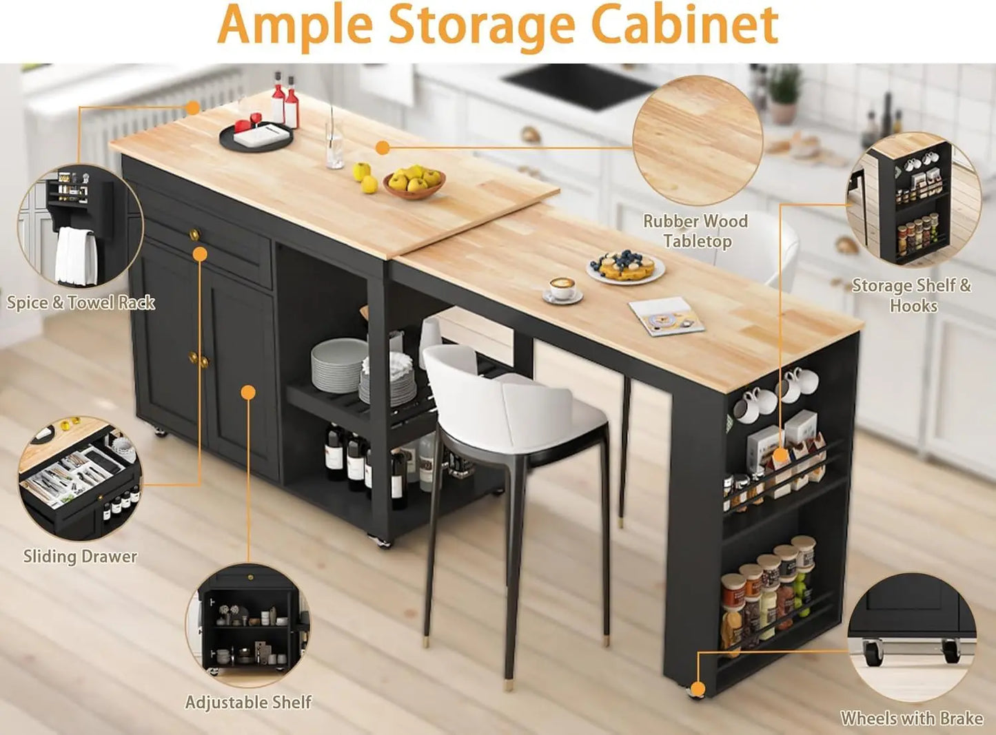 78"–49" Extendable Rolling Kitchen Island with Storage Drawers