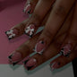 24Pcs French Pink Press on Nails Short Square Head Fake Nails with Flower Rhinestone Design Wearable Finished False Nail Tips