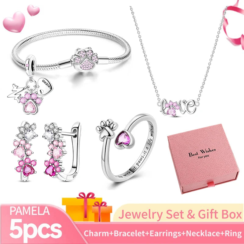 Pink Heart Bracelet Set 925 Silver Original Flower Ring Butterfly Earrings & Gift Box For Women Wedding Jewelry Best Wish 5pcs