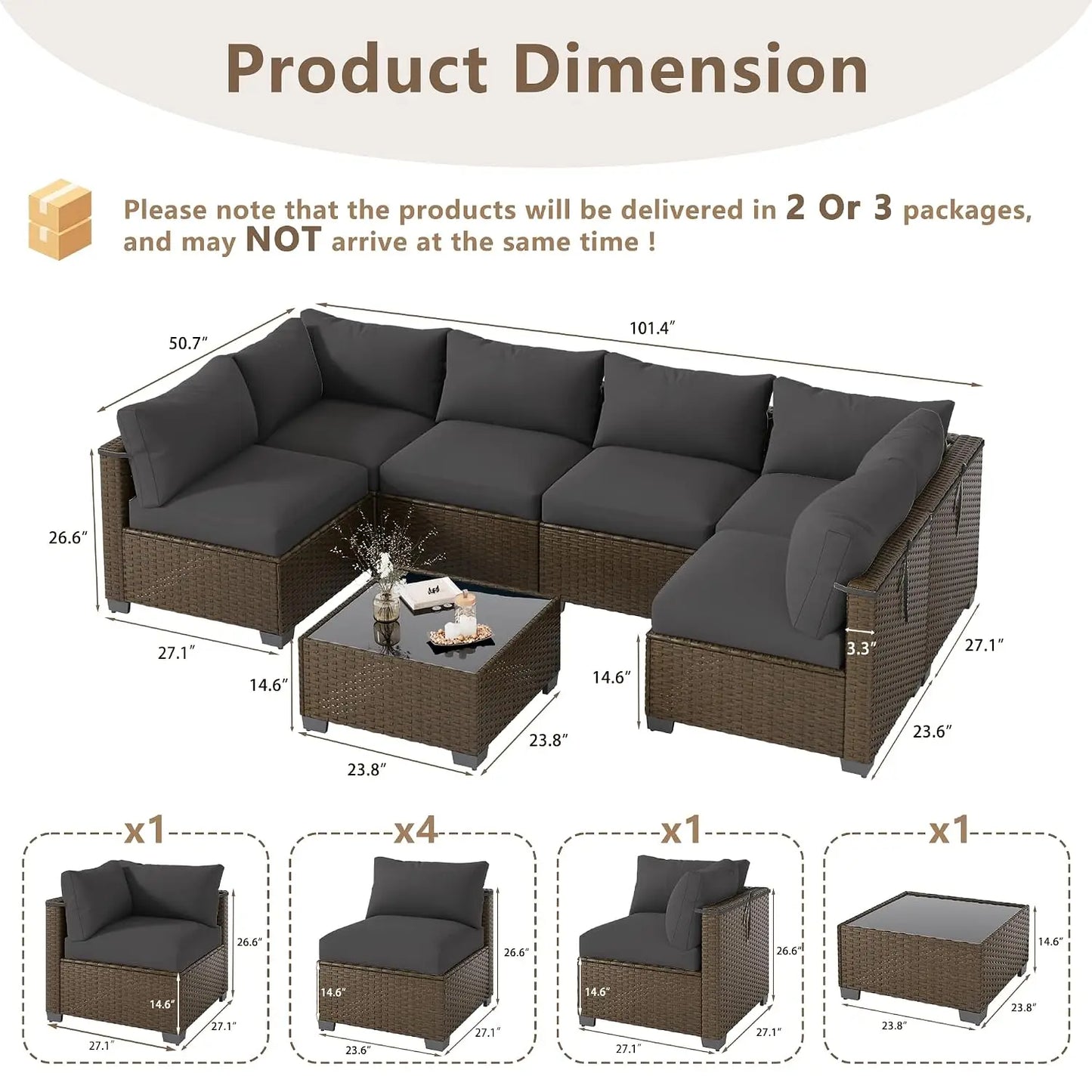 7‑Piece Wicker Rattan Patio Sofa Set with Coffee Table & Cushions