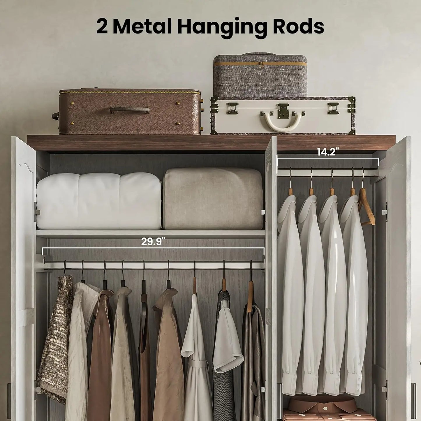3 Door Armoire Wardrobe Closet with Mirror, Large Wardrobe Closet with Doors, White Armoire for Bedroom with Hanging