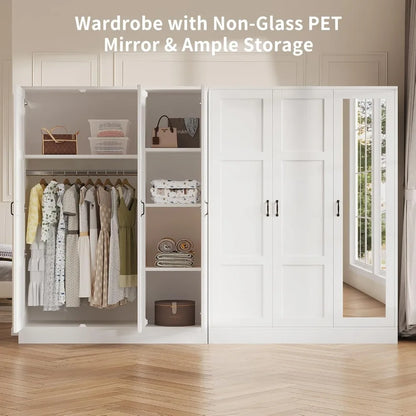 3‑Door Armoire Wardrobe with Mirror – White