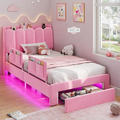 Twin Princess Bed Frame with Storage Drawer & LED Guardrails