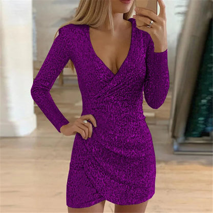 Dresses For Women 2025 Sexy Deep V-Neck Silver Sequin Mini Bodycon Dress Spring Autumn Long Sleeve Party Dress Female