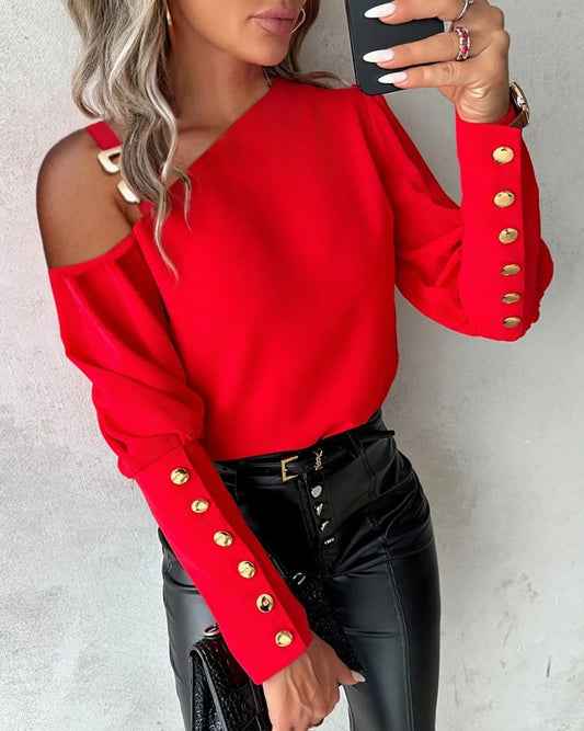 Women Elegant Lantern Sleeve Button Splicing O Neck Blouse