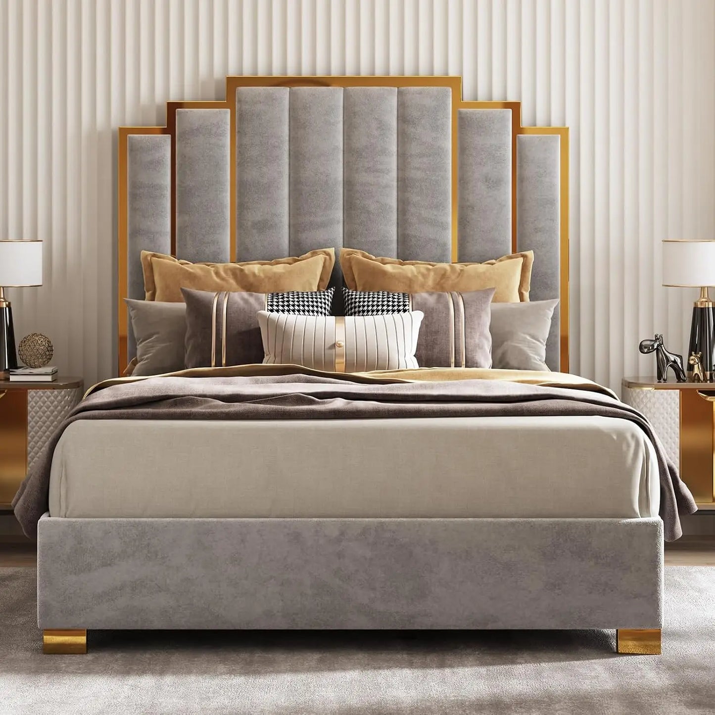 Queen Velvet Bed Frame with Gold Trim Headboard (Custom)