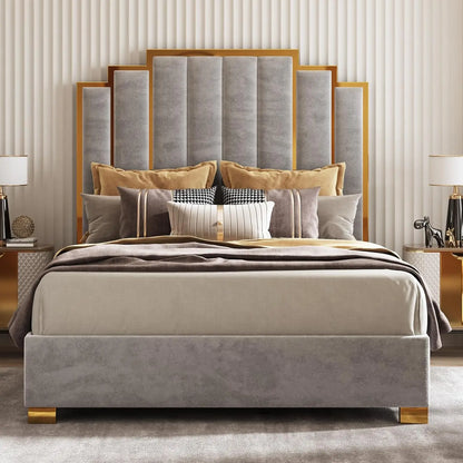 Queen Velvet Bed Frame with Gold Trim Headboard (Custom)
