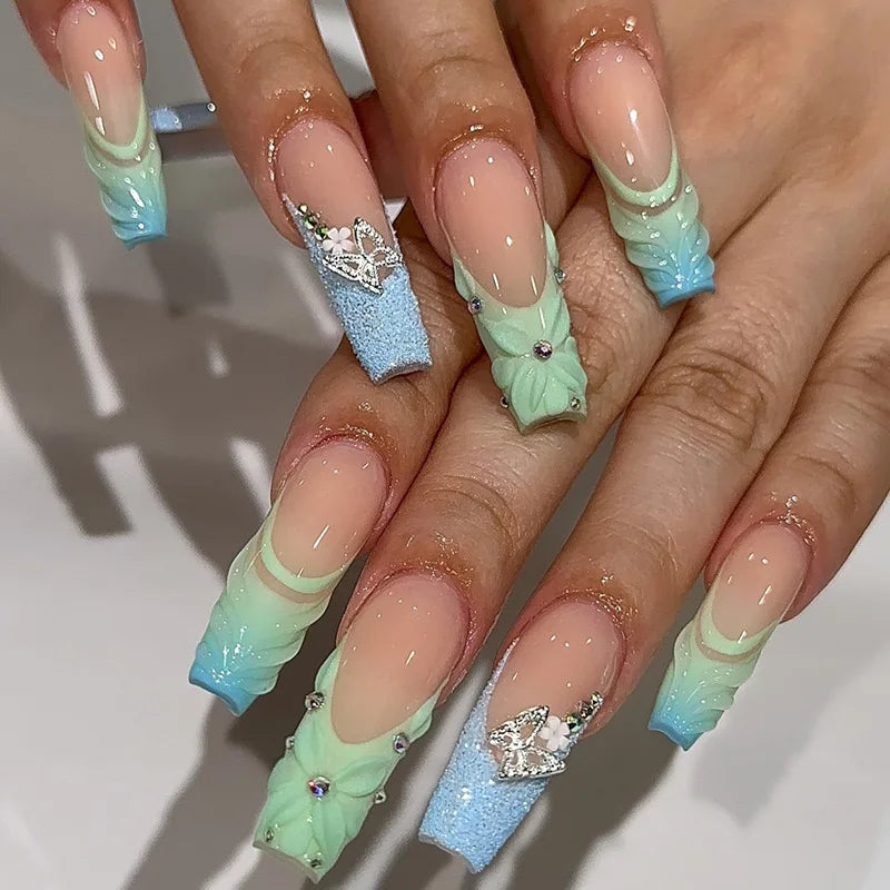24Pcs Gold French Border False Long Coffin Press on Nails with Rhinestones Ballerina Full Cover