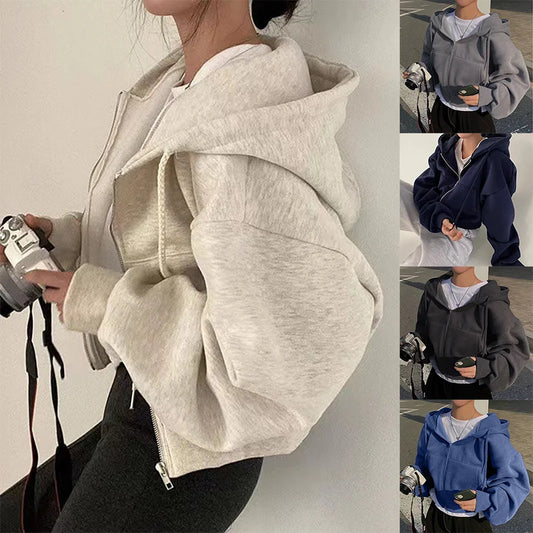 Fleece‑Lined Cropped Zip‑Up Hoodie – Slim Fit Navy Blue Warm Spring/Autumn Sweatshirt for Women