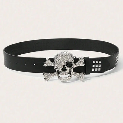 Gothic Skull Rhinestone Buckle Belt – Punk Y2K Rivet Hip‑Hop Accessory for Men & Women