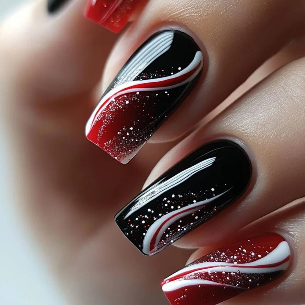 24pcs Gold Stripe Press‑On Nails – Long Square Full Cover Tips