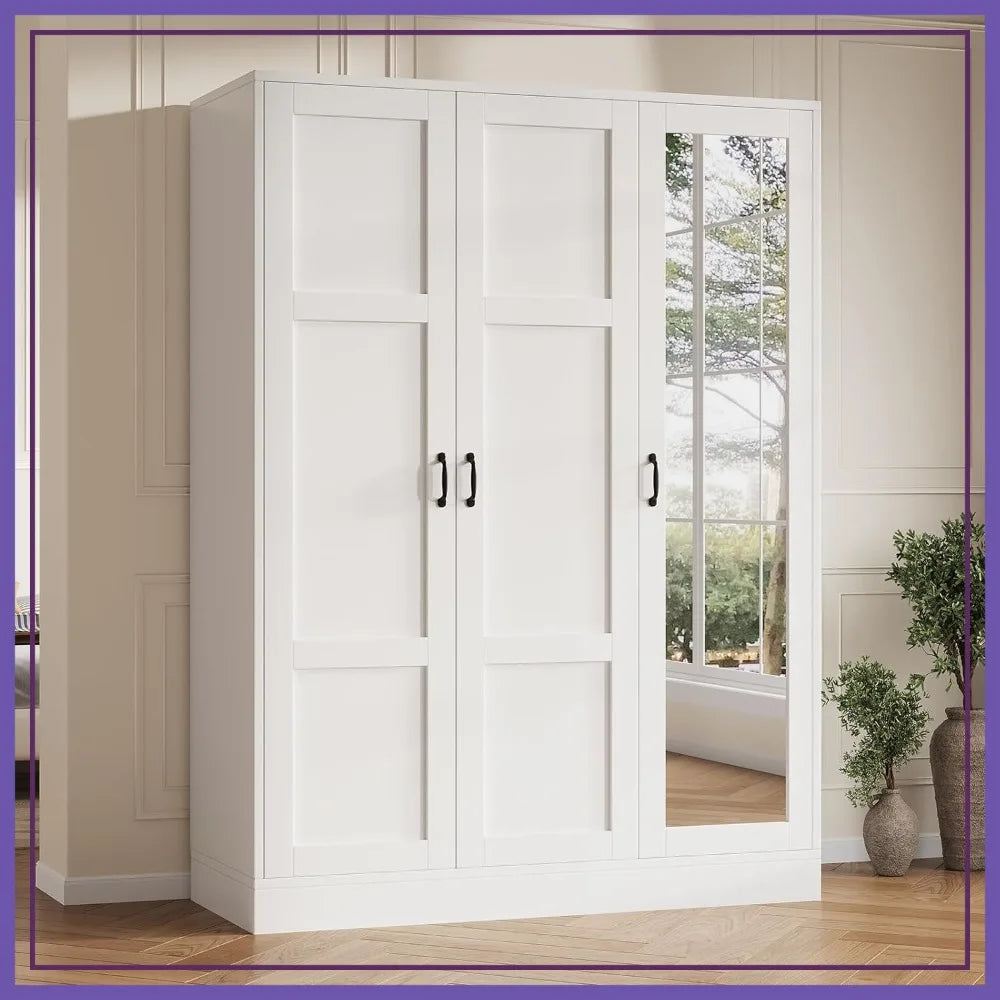 3‑Door Armoire Wardrobe with Mirror – White