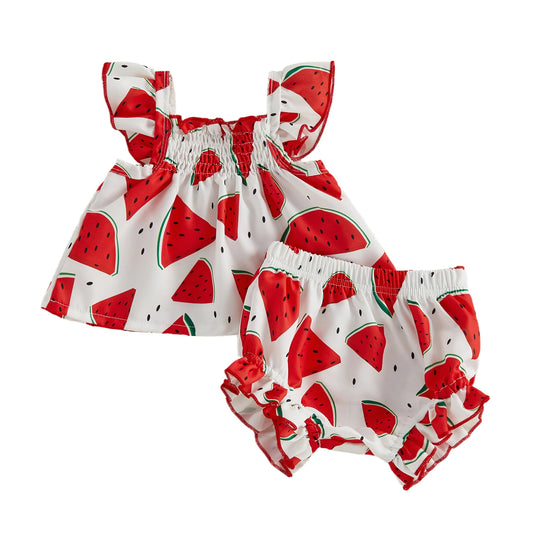 Baby Girl Summer Outfits Watermelon Sunflower Ocean Print Ruffled Trim A Line Flying Sleeve Tops and Shorts 2 Pcs Set