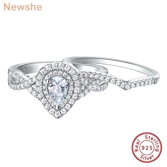 2 Pcs 925 Sterling Silver Wedding Rings for Women Engagement Ring Sets 2.0 Ct Pear Shape Teardrop AAAAA Zircon BR0829