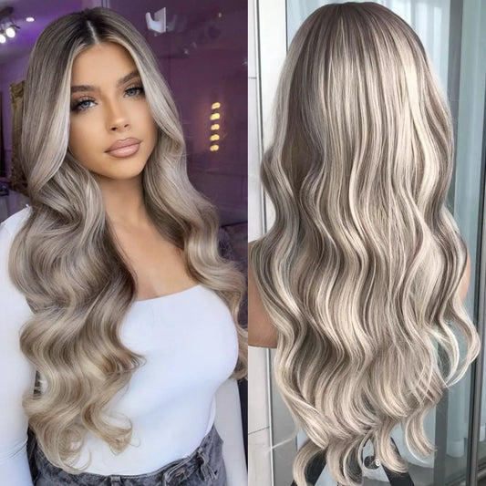 Ash Blonde Body Wave Lace Front Wig – Pre‑Plucked Long Wavy Synthetic Lace Frontal for Women