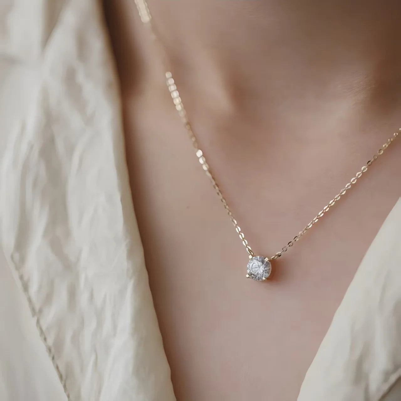 925 Sterling Silver 18K Gold-Plated Necklace Versatile Single Shiny Zircon Clavicle Chain Women's Wedding Jewelry