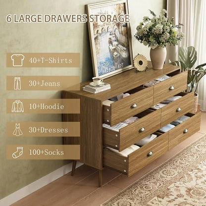 Mid‑Century 6‑Drawer Oak Dresser