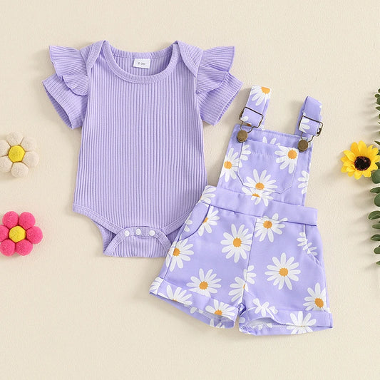 0-18months baby Girls summer Shorts  Set Short Sleeve Romper Flower Print Suspender Shorts Summer Outfit for  Toddler girls