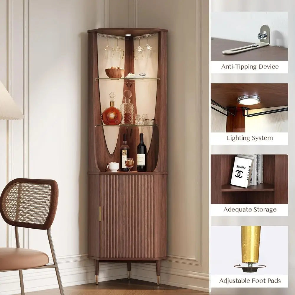 70" Walnut Fluted Bar Cabinet with LED