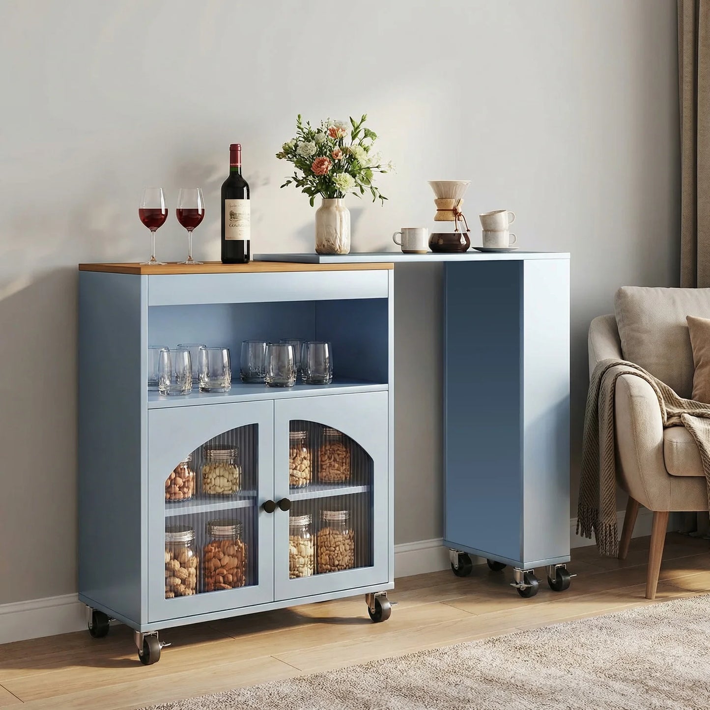 Kitchen Island Cart with Extendable Table, LED & Power Outlets