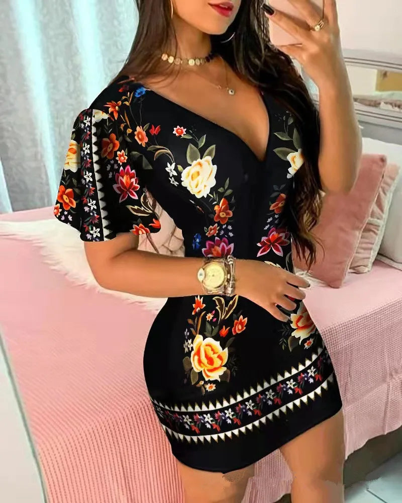 Women’s Elegant Floral Print Bodycon Mini Dress – Sexy Deep V‑Neck Summer Party & Office Look