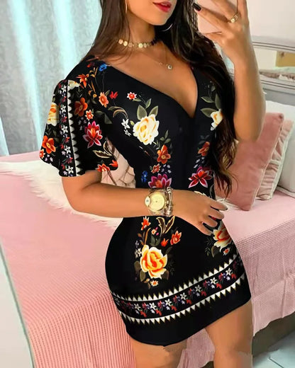 Women’s Elegant Floral Print Bodycon Mini Dress – Sexy Deep V‑Neck Summer Party & Office Look