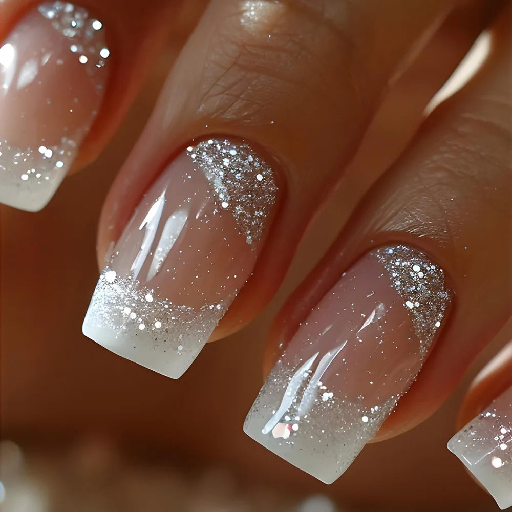 24pcs Gold Stripe Press‑On Nails – Long Square Full Cover Tips