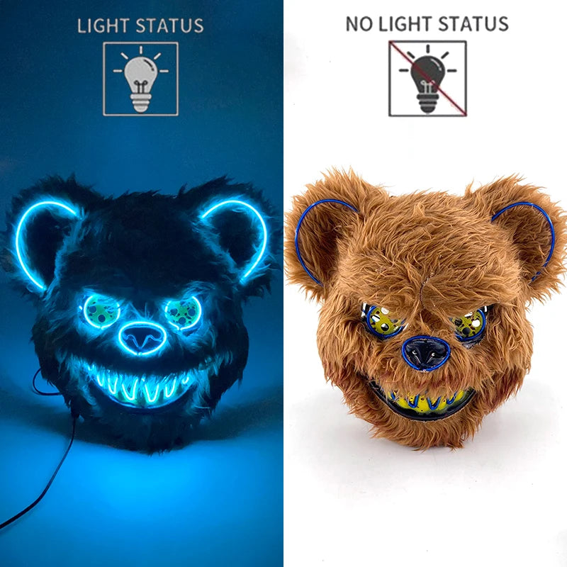 LED Glowing Cosplay Bloody Rabbit Mask Halloween Scary Killer Bloody Bunny Bear Headgear Carnival Masquerade Horror Costume Prop