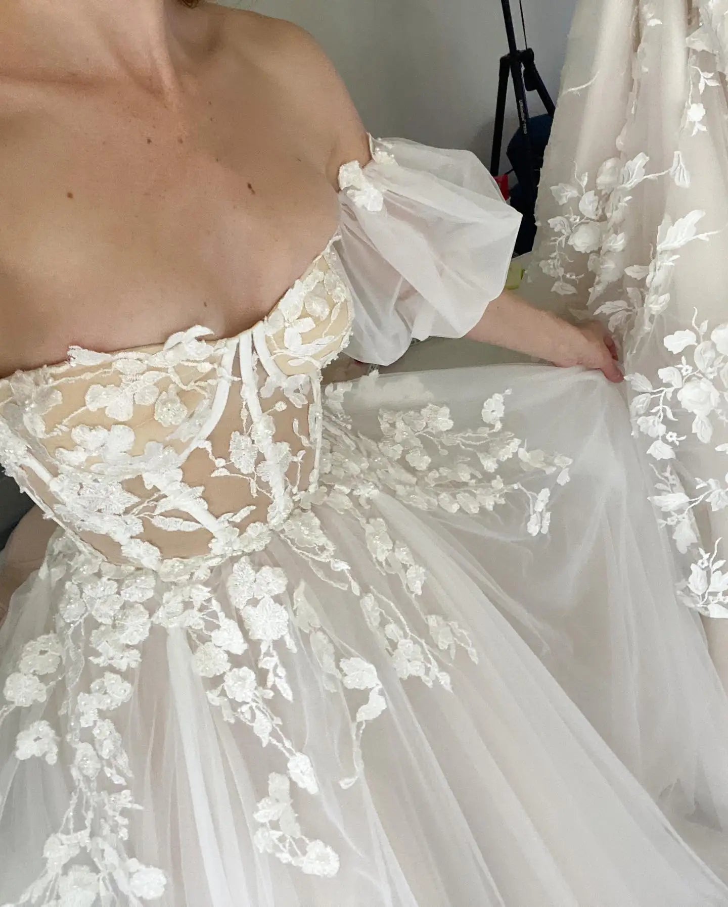 Short Puff Sleeves 3D lace Wedding Dresses Champagne Liner Tulle Appliques Formal Bridal Gowns