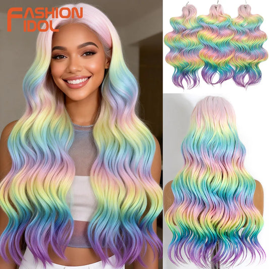 FASHION IDOL 24inch 300g/3pcs Deep Wave Crochet Hair Synthetic Water Wave Braiding Hair Ombre Rainbow color Fake Hair Extensions