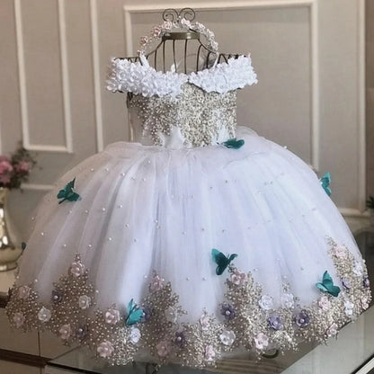 Custom Pink &amp; Purple 3D Floral Flower Girl Dress (Wedding · First Christmas · Birthday Party · Cap Sleeves)