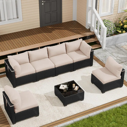 7‑Piece Wicker Rattan Patio Sectional Set with Coffee Table & Cushions