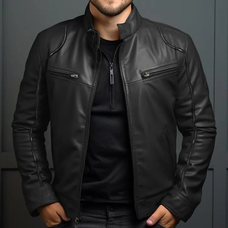 Men's Biker Leather Jacket Stand-up Collar Punk Leather Jacket Men