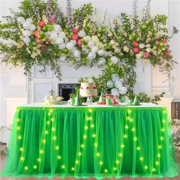 Tulle Table Skirt with LED Lights 6FT Table Cloth for Baby Shower Wedding Birthday Party Bar Home Table Valentine's Day Decor