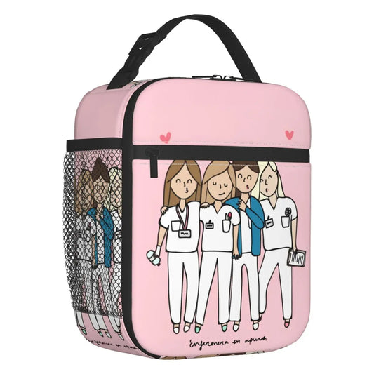 Custom cartoon-printed lunch bag featuring ladies, nurses, and doctors. Thermal insulated, reusable, and multifunctional, perfect for kids' food bento boxes.