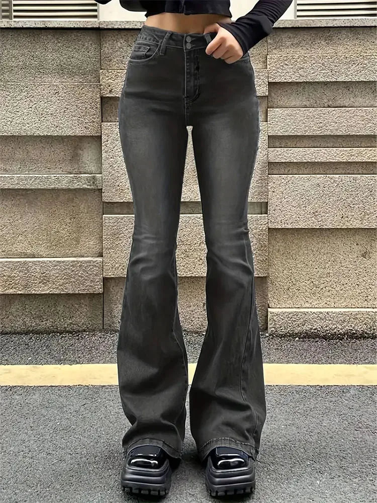 Women’s Flare Stretch Moustache Jeans – High‑Waist Gray Skinny Bell‑Bottom Denim Pants, Classic Y2K Punk Long Trousers