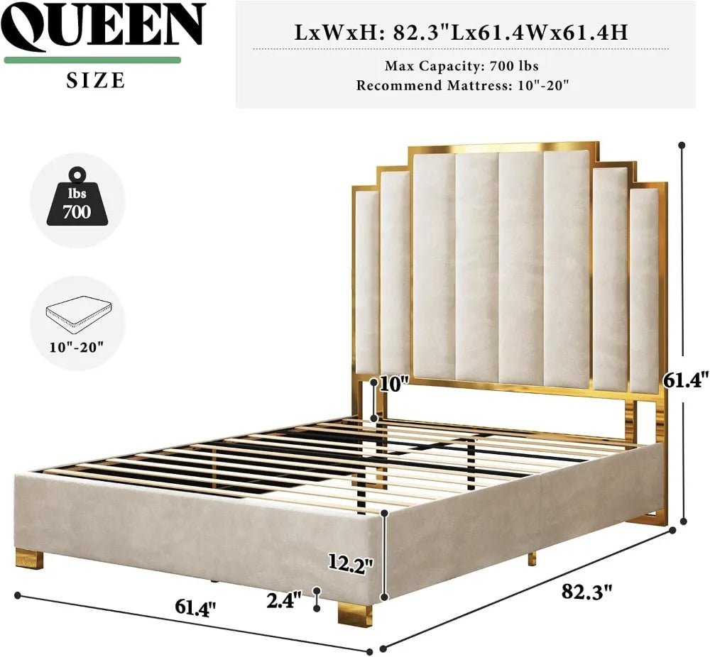Queen Velvet Bed with 61.4" Gold Trim Headboard – Cream
