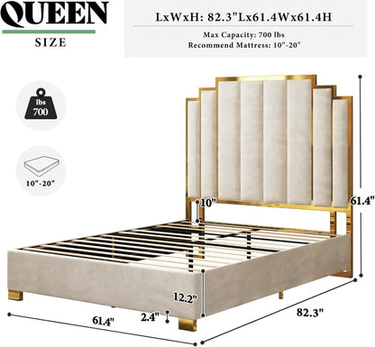 Queen Velvet Bed with 61.4" Gold Trim Headboard – Cream