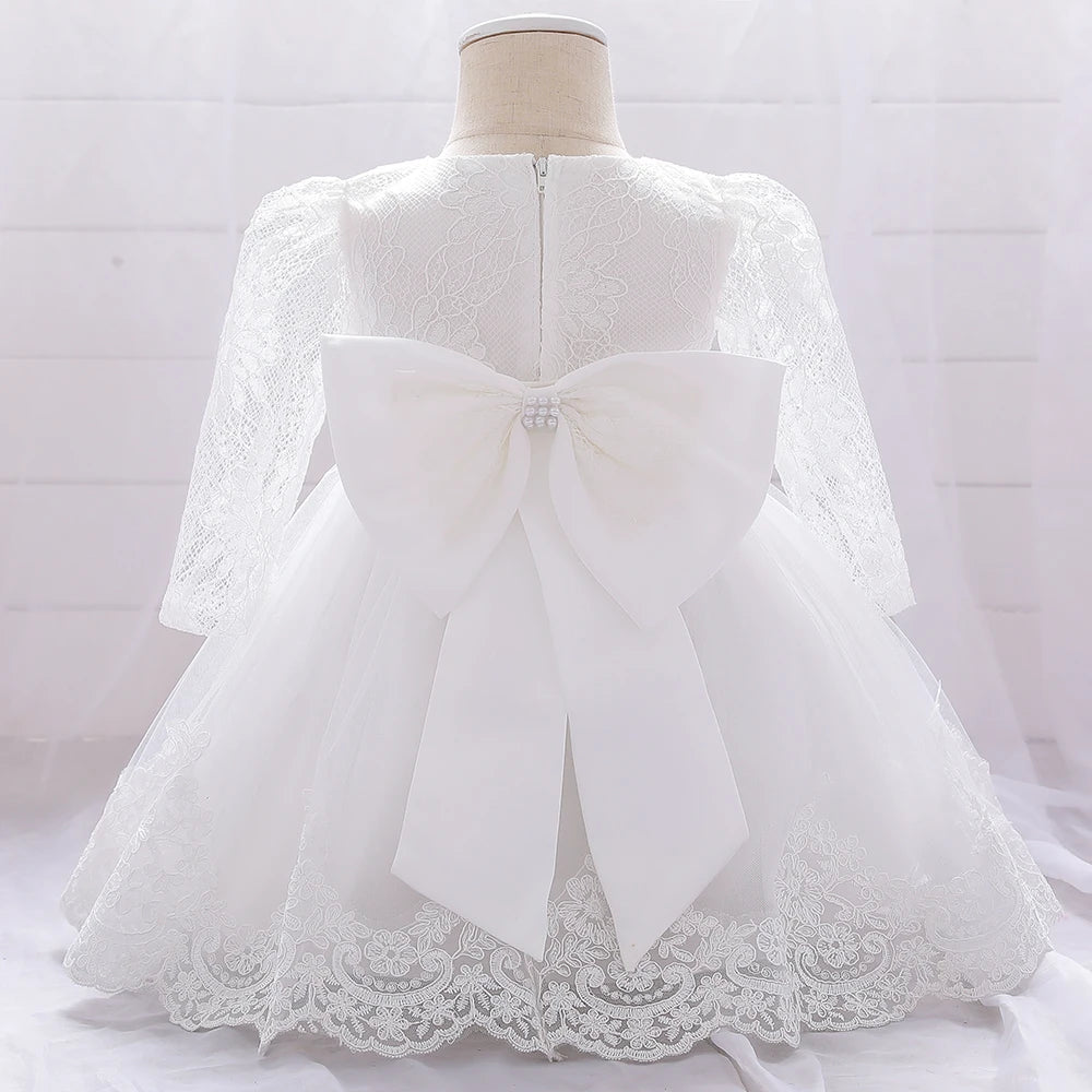 Long Sleeve Baby Girls Dress Newborn White Baptism Tulle Party Wedding 1st Birthday Princess Dresses Infant Girls Bow Prom Gown