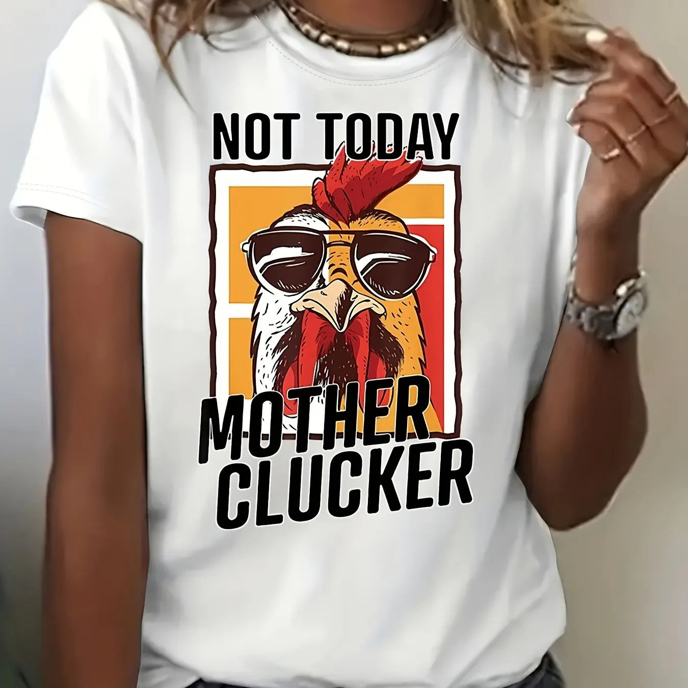 Letter & Chicken Print T-shirt, Casual Short Sleeve Crew Neck Top, Women's Clothing