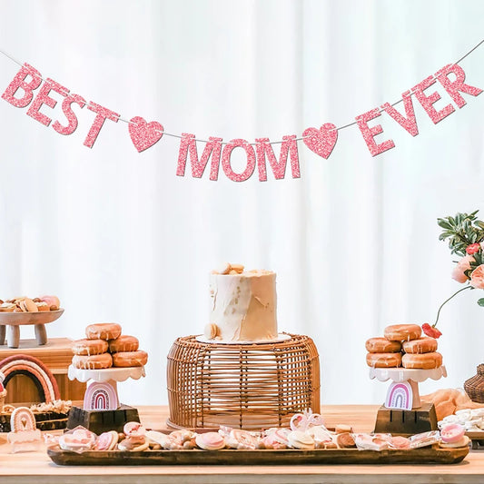 Glitter “Best Mom Ever” Banner – Heart Garland for Mother’s Day & Birthday Parties