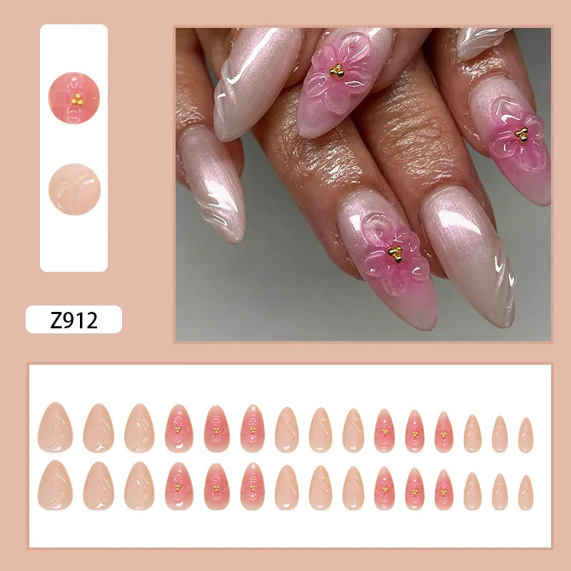 24pcs White Flower Fake Press on Nail Tips Yellow Pink Blush Full Cover Almond Shaped