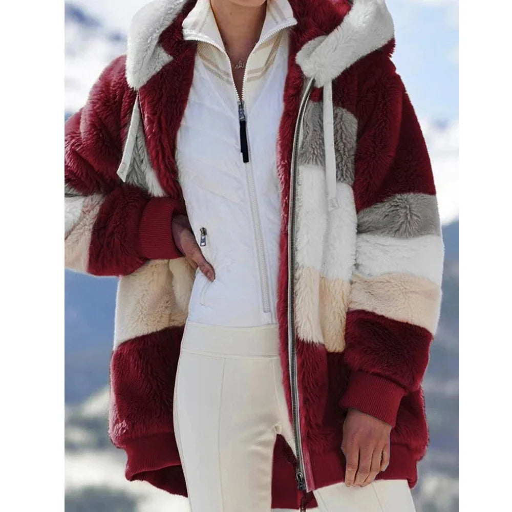 Oversized Jacket for Women Coat Autumn Winter Warm Plush Pocket Hooded Streetwear Loose Lady Zipper Cashmere Outerwear Coat