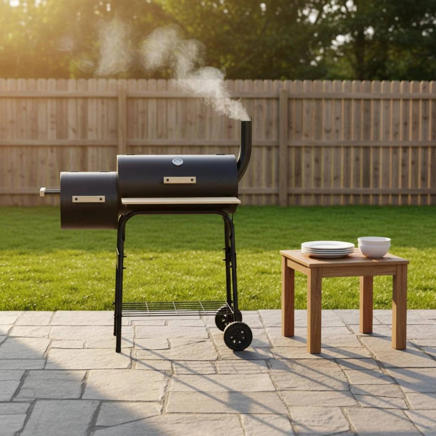 Two‑Chamber Barrel Charcoal Grill (Black, Wheeled, Outdoor BBQ)
