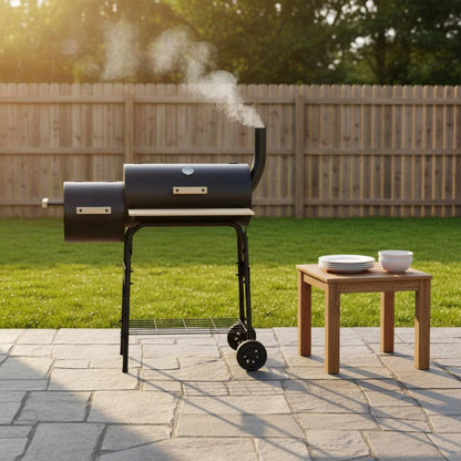 Two‑Chamber Barrel Charcoal Grill (Black, Wheeled, Outdoor BBQ)