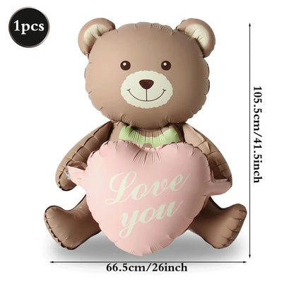 Matte Pink Brown Lying Bear Foil Balloons Love Heart Balloon for Valentines Day Decoration Bear Themed Birthday Wedding Supplies