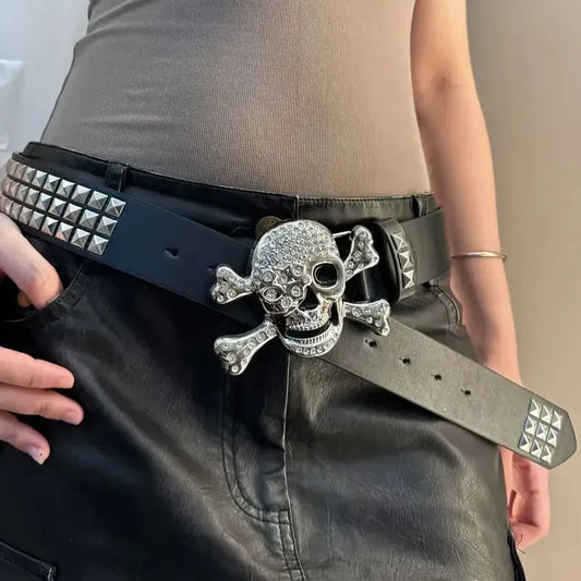 Gothic Skull Rhinestone Buckle Belt – Punk Y2K Rivet Hip‑Hop Accessory for Men & Women
