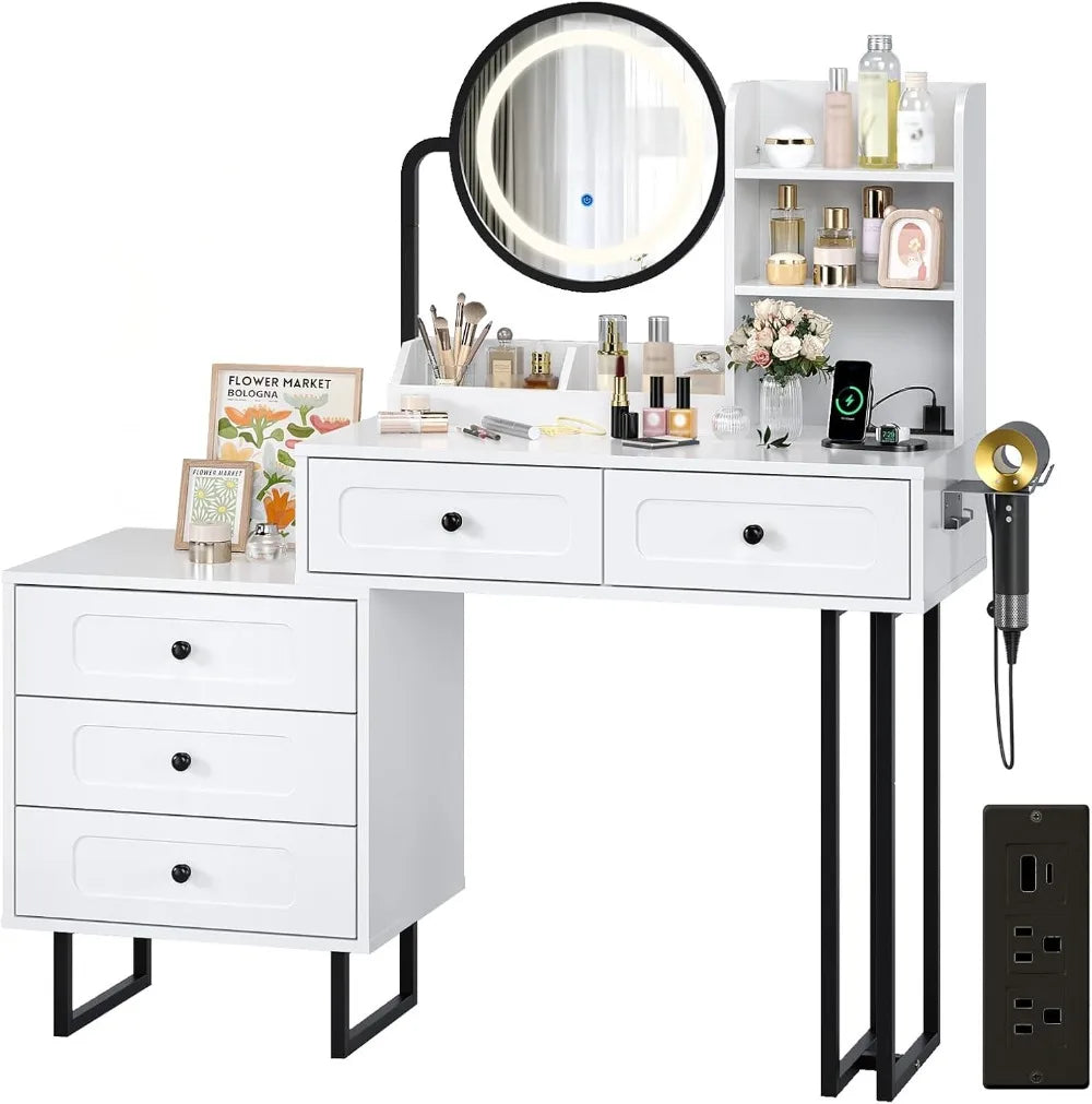 Vanity Desk — Mirror, Lights, 5 Drawers & Power Outlets