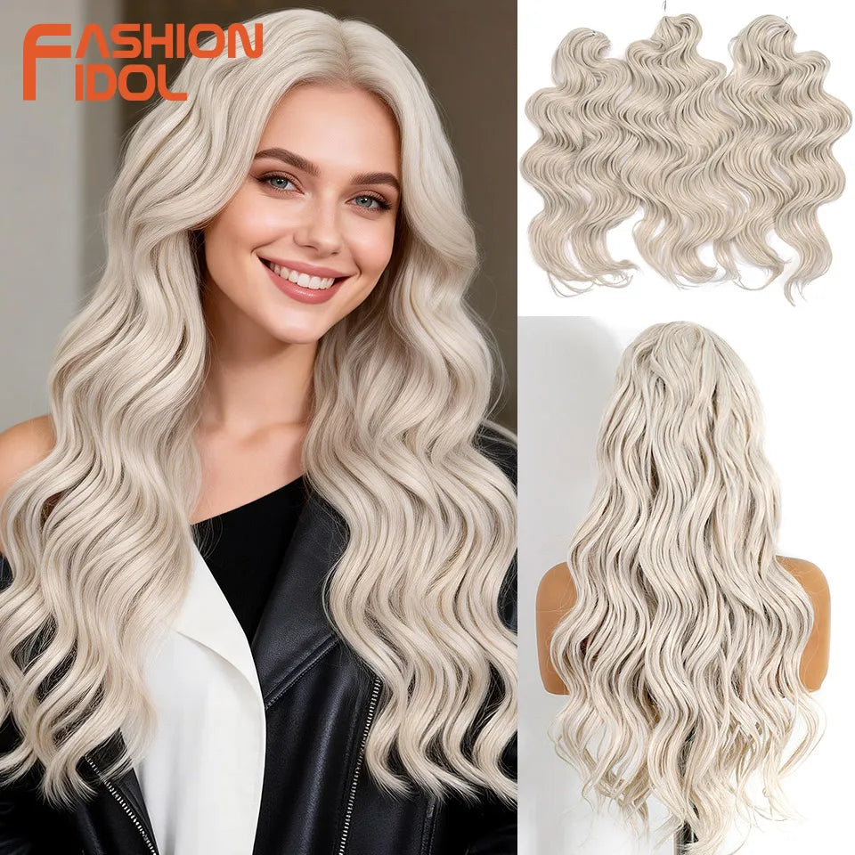 FASHION IDOL 24inch 300g/3pcs Deep Wave Crochet Hair Synthetic Water Wave Braiding Hair Ombre Rainbow color Fake Hair Extensions